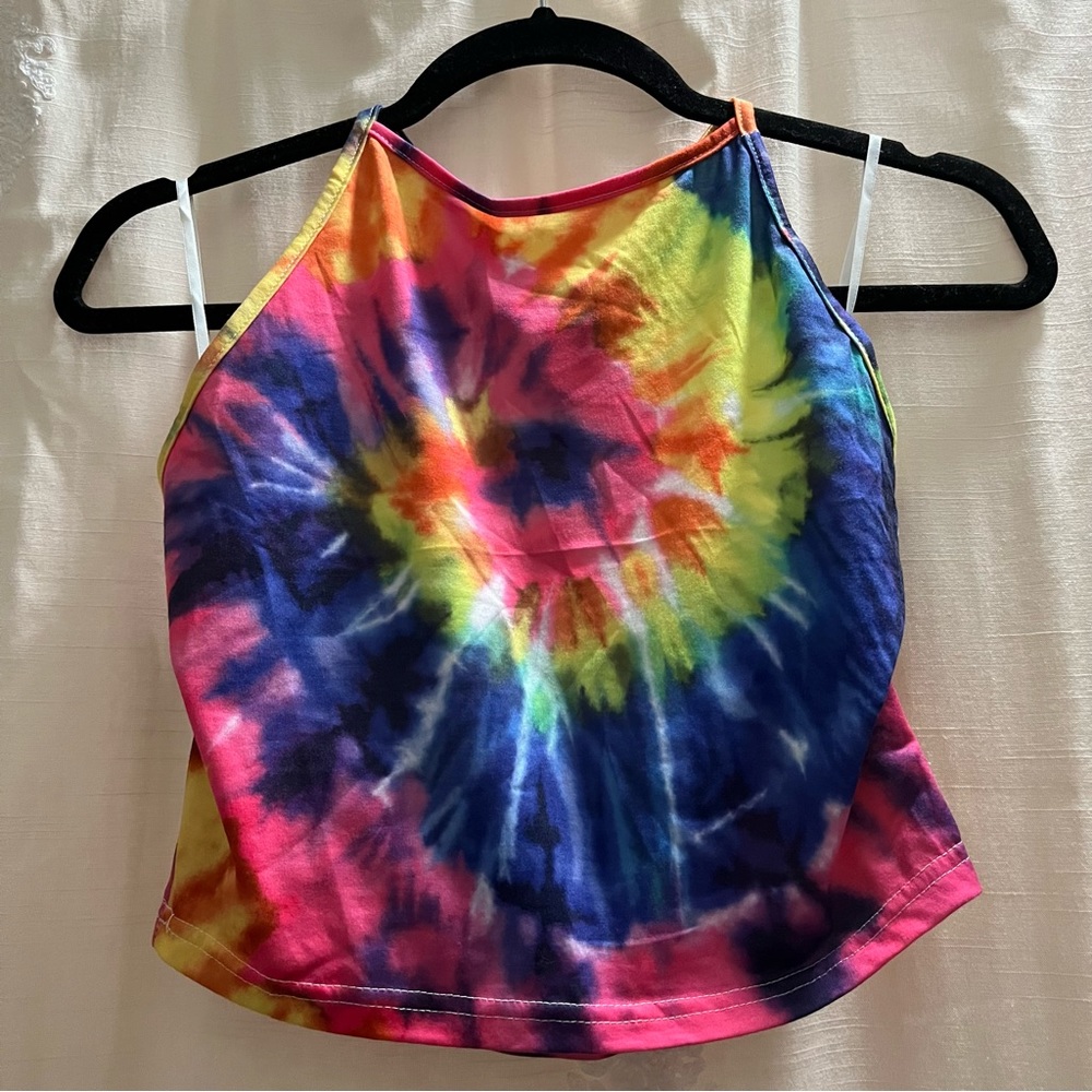Rainbow Tie-Dye Self-Tie Cropped Halter Top NWOT